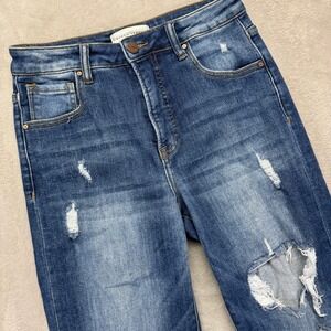 Risen Jeans Womens 3/26 Distressed Boyfriend Fit High Waist Dark Wash Blue Denim